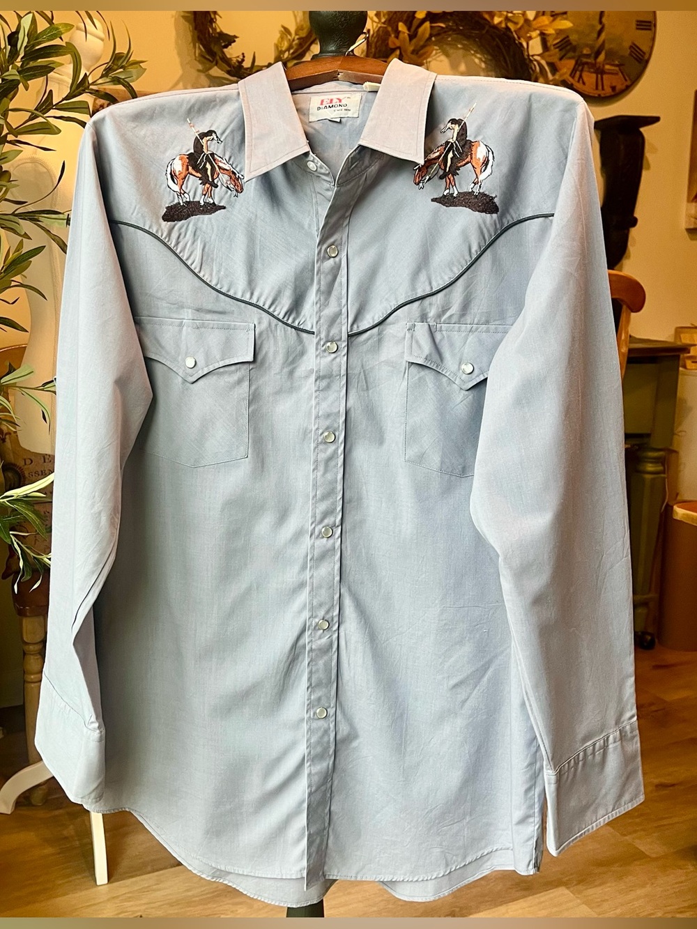 Ely Diamond Mens charcoal gray/slate gray Western Pearl Snap Embroidered Shirt L